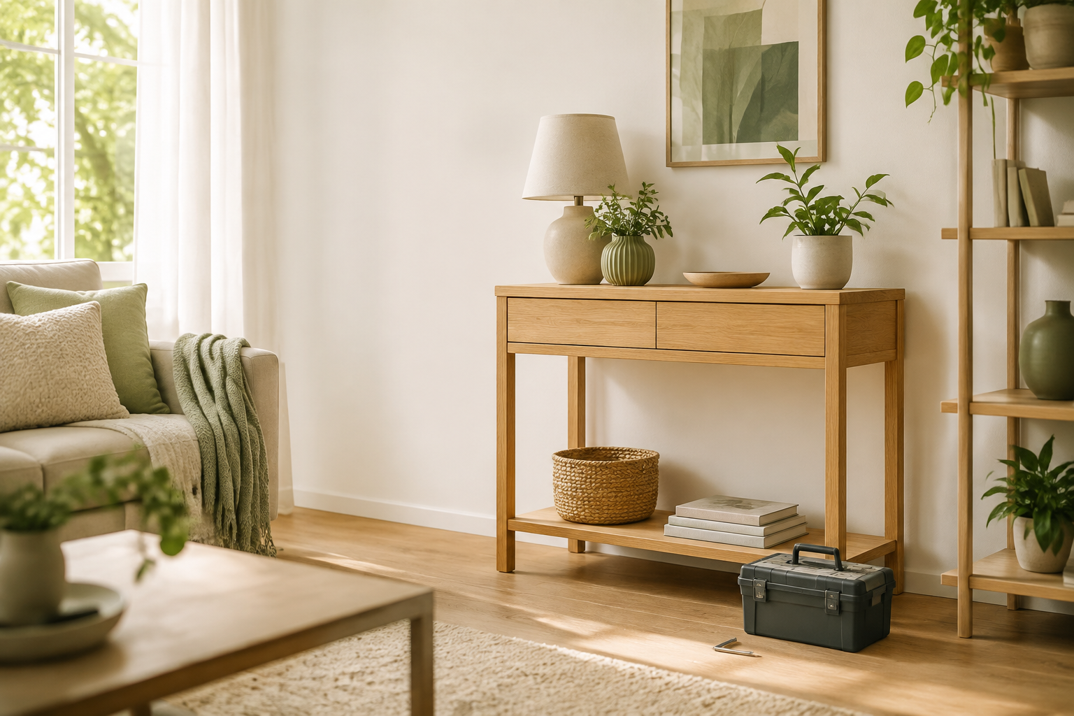 A neatly assembled oak console and shelving in a calm, bright living room
